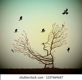 alive tree on the rock and titmouses birds, tree soul, man like tree giving his hand branch to flying birds, fairytale surrealism, plant alive idea, vector