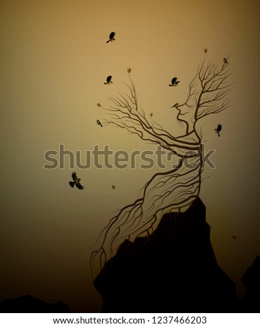 alive tree on the rock and titmouses birds, tree soul, man like tree giving his hand branch to flying birds, fairytale surrealism, plant alive idea, vector