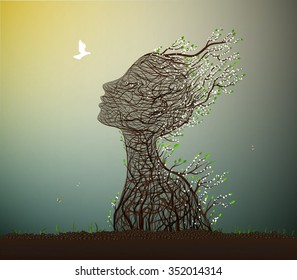 alive tree and pigeon spring meeting, tree looks like a woman's head with spring white flowers stretching her face to the sun, surrealism, plant alive idea, vector