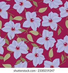 An alizarin crimson background looks lovely behind purple Clematis Ramona that has showy alizarin crimson anthers creating a seamless repeat pattern design.