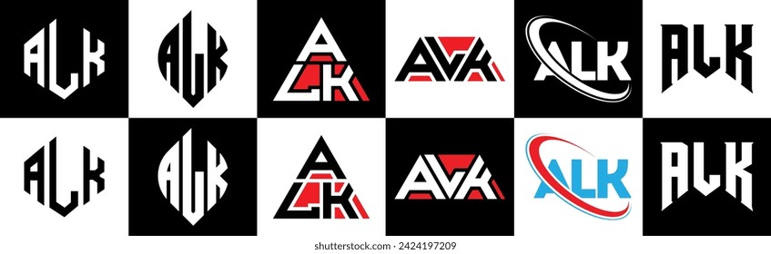 ALK letter logo design in six style. ALK polygon, circle, triangle, hexagon, flat and simple style with black and white color variation letter logo set in one artboard. ALK minimalist and classic logo