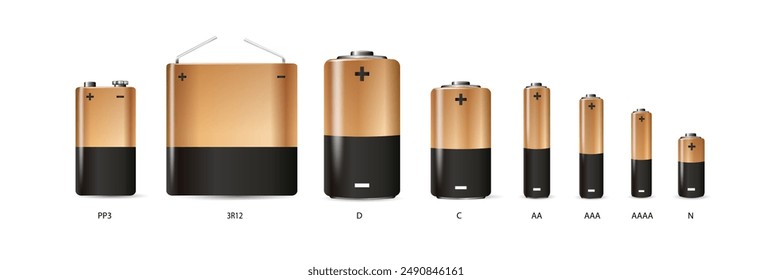 Alkalische Batterien realistisch eingestellt. Verschiedene Arten von Batterien. Größe - D, C, AA, AAA, AAAA, 9V. Vektorgrafik