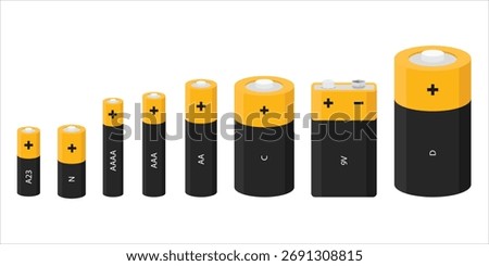 Alkaline batteries realistic set. Different types of batteries. Size - D, C, AA, AAA, AAAA, 9V.  Vector