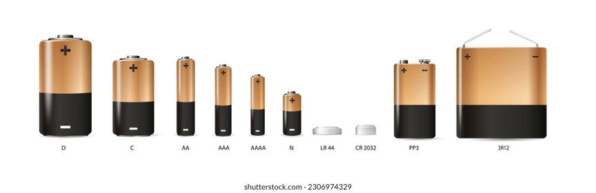 Alkaline batteries realistic style set of different size. Primary battery for personal power sources. Vector