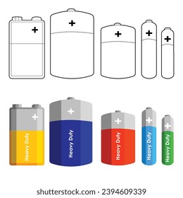 Alkaline Batteries in Sizes AA, AAA, C, D and PP3 Outline and Colour Versions