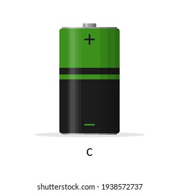 Batería alcalina C aislada en fondo blanco. Celdas de almacenamiento de energía de batería recargables de estilo moderno plano. Ilustración del vector