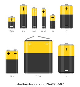 Alkaline battery different sizes icons set. Flat vector illustration isolated on white background