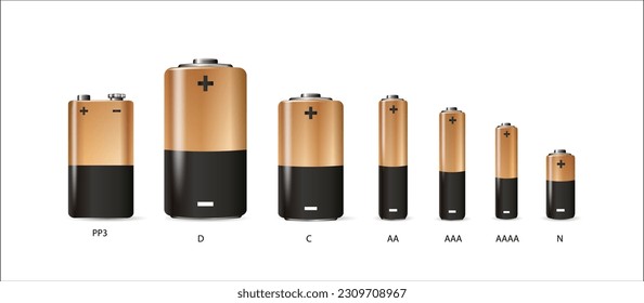 Alkalibatterie, unterschiedlich groß, einzeln auf weißem Hintergrund. Akku-Vektorgrafik