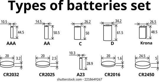 Alkaline battery icons set. Types of batteries with their sizes on a white background. Size - AAA, AA, A23, C, D, Krona 9V, CR2032, CR2025, CR2016, CR2450. Flat vector illustration.