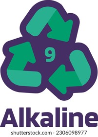 Alkaline battery number 9 for industrial products marking. Recycle code for metals. Informing consumer of package properties and chemical. Green triangular arrow sign. Vector