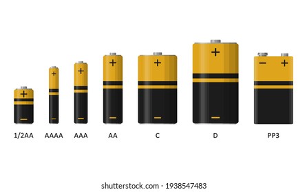 Alkaline battery set with different sizes isolated on white background. Rechargeable batteries flat modern style. Vector illustration