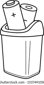 Alkaline battery in trash can. Vector outline icon.