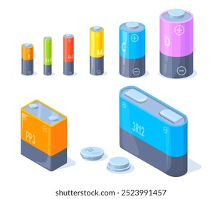 Tipo de batería alcalina. Conjunto de baterías de acumulador de recarga de níquel, aa aaa celda de cilindro o tipos de monedas 9v 6v cargador de litio de iones de litio de energía eléctrica, Ilustración vectorial limpia isométrica obra de arte original