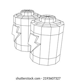 Alkaline cylinder battery with bolt icon. Wireframe low poly mesh vector illustration.