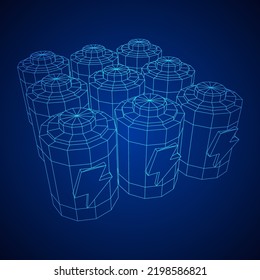 Alkaline cylinder battery with bolt icon. Wireframe low poly mesh vector illustration.