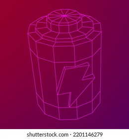 Alkaline cylinder battery with bolt icon. Wireframe low poly mesh vector illustration.