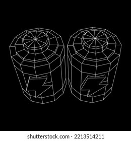 Alkaline cylinder battery with bolt icon. Wireframe low poly mesh vector illustration.