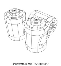 Alkaline cylinder battery with bolt icon. Wireframe low poly mesh vector illustration.