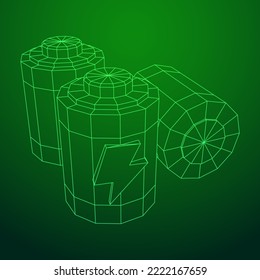 Alkaline cylinder battery with bolt icon. Wireframe low poly mesh vector illustration.