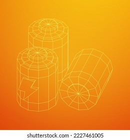 Alkaline cylinder battery with bolt icon. Wireframe low poly mesh vector illustration.