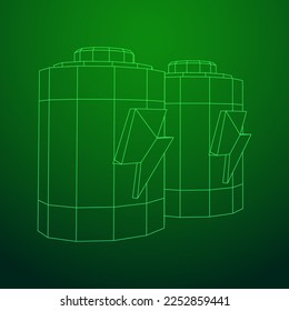 Alkaline cylinder battery with bolt icon. Wireframe low poly mesh vector illustration.