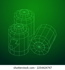Alkaline cylinder battery with bolt icon. Wireframe low poly mesh vector illustration.