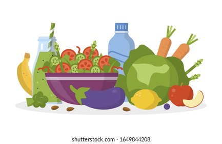 Alkaline diet concept. Alkaline food on the table. Flat design. Vector illustration