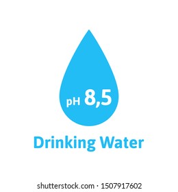 Alkaline drinking water. Water drop with sign ph 8.5. Health, vector illustration, flat design. Isolated on white background.