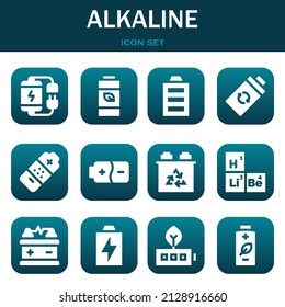 conjunto de iconos alcalinos. Ilustraciones de línea delgada vectorial relacionadas con batería, batería y batería completa