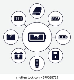 alkaline icons set. Set of 9 alkaline filled icons such as battery, baterry, ful battery