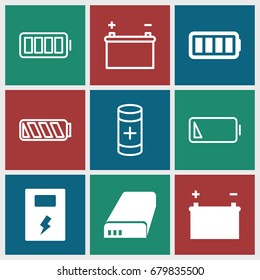 Alkaline icons set. set of 9 alkaline filled and outline icons such as battery, ful battery