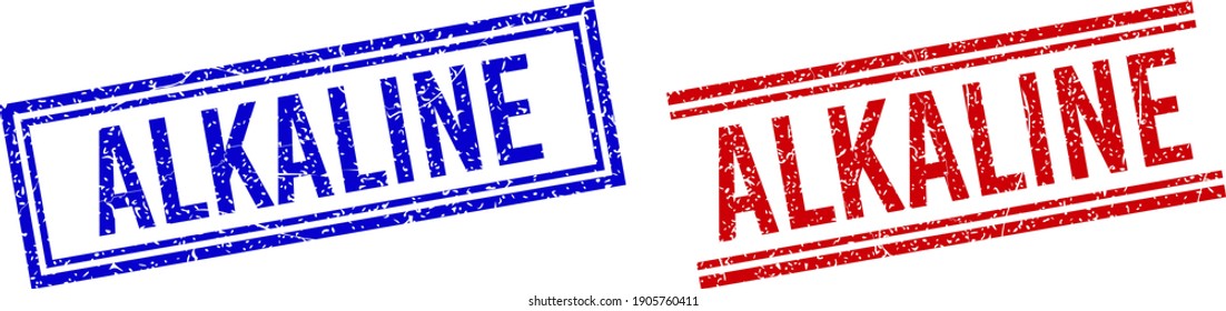 ALKALINE rubber imitations with distress texture. Vectors designed with double lines, in blue and red colors. Phrase placed inside double rectangle frame and parallel lines.