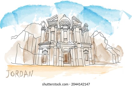 Al-Khazneh in Jordan, Petra icon. Ruins is desert. Isolated on white background vector illustration.