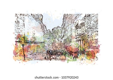 Al-Khazneh, is one of the most elaborate temples in the ancient Arab Nabatean Kingdom city of Petra. Watercolor splash with Hand drawn sketch illustration in vector.