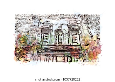 Al-Khazneh, is one of the most elaborate temples in the ancient Arab Nabatean Kingdom city of Petra. Watercolor splash with Hand drawn sketch illustration in vector.