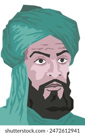 Al-Khwarizmi (known as Father of Algebra) portrait vector art. He was a famous mathematician figure who invented zero in Hindu-Arabic numerals. His knowledge also expanded to geography and astronomy.