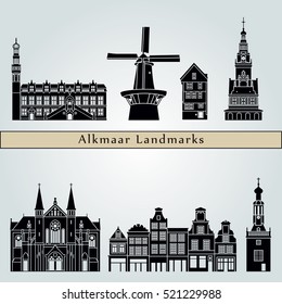 Alkmaar landmarks and monuments isolated on blue background in editable vector file