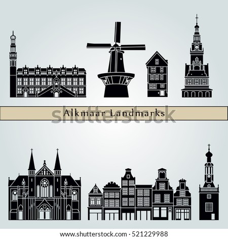 Alkmaar landmarks and monuments isolated on blue background in editable vector file