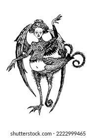 Alkonost gothic girl drawing ink Slavic mythology