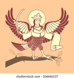 Alkonost mythical bird with a sword and a scroll in her hand sitting on an oak