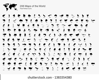 All 206 Complete Countries Map of the World Pixel Perfect Icons (Filled Style). Every single country map are listed and isolated with wordings and titles. A complete maps of the world outline.