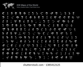 All 206 Complete Countries Map of the World Pixel Perfect Icons (Filled Style Shadow Edition). Every country map are listed and isolated with wordings and titles. A complete maps of the world outline.