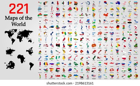 All 221 Complete Countries Map of the World Perfect Icons . A complete maps of the world. Every single country map are listed and isolated with names.