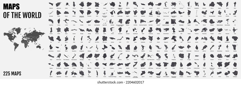 Los 225 países completos Mapa de los Iconos Perfectos del Mundo . Mapas completos del mundo. Cada mapa de cada país está listado y aislado con nombres.