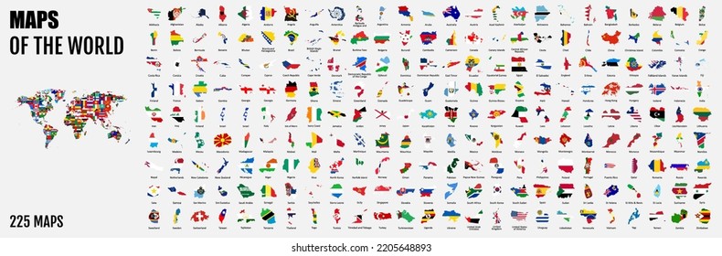 All 225 Complete Countries Map of the World Perfect Icons . A complete maps of the world. Every single country map are listed and isolated with names.