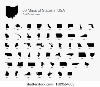 All 50 USA States Map Pixel Perfect Icons (Filled Style). Vector icons of the complete United States of America states map.
