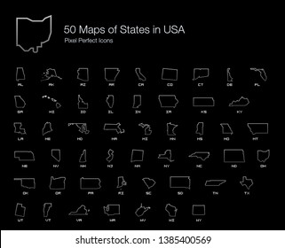 All 50 USA States Map Pixel Perfect Icons (Line Style Shadow Edition). Vector icons of the complete United States of America states map.