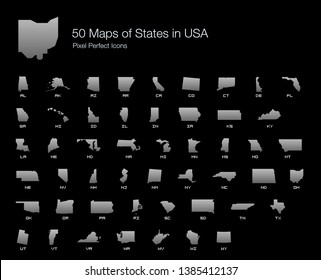 All 50 USA States Map Pixel Perfect Icons (Filled Style Shadow Edition). Vector Icons Of The Complete United States Of America States Map.