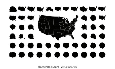Todos os 50 Estados Unidos Mapa Pixel Perfect Icons (Filled Style). Vetor dos Estados Unidos da América estados mapa eps 10