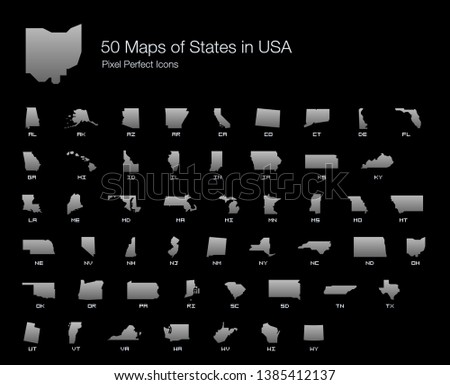 All 50 USA States Map Pixel Perfect Icons (Filled Style Shadow Edition). Vector icons of the complete United States of America states map.